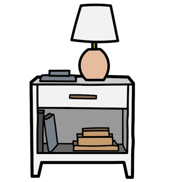 una imagen de dibujos animados de una mesa de noche con una lámpara y libros