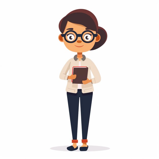 una imagen de dibujos animados de una niña sosteniendo un libro con gafas y un par de gafas
