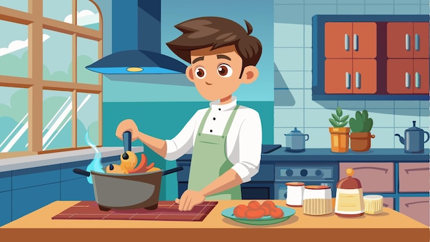 una imagen de dibujos animados de un niño cocinando en una cocina