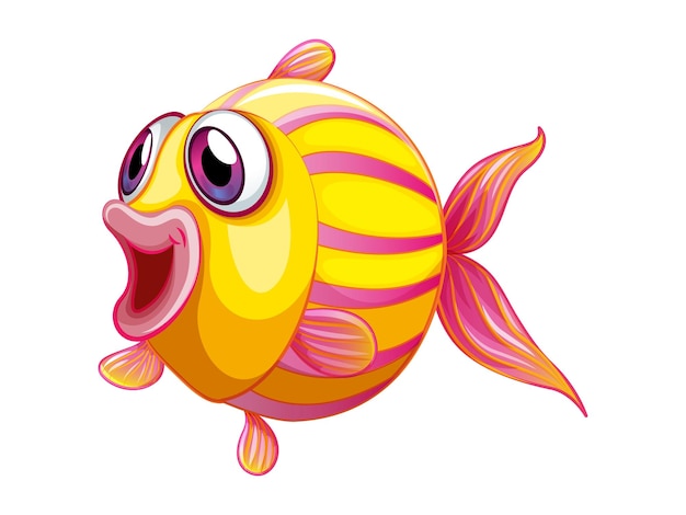 Una imagen de dibujos animados de un pez rayado amarillo y rosa con una gran boca y una gran sonrisa en la cara.