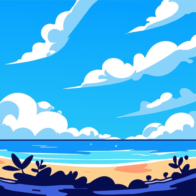 Vector una imagen de dibujos animados de una playa con un mar azul y una ilustración vectorial de nubes blancas