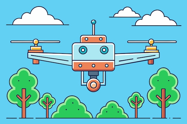 una imagen de dibujos animados de un robot azul con árboles y nubes en el fondo