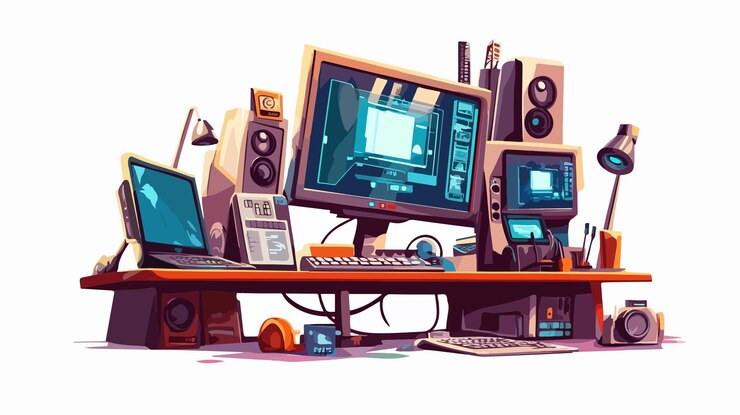 Vector imagen de dibujos animados para servicios de soporte informático tecnológico con perspectiva de amplio ángulo