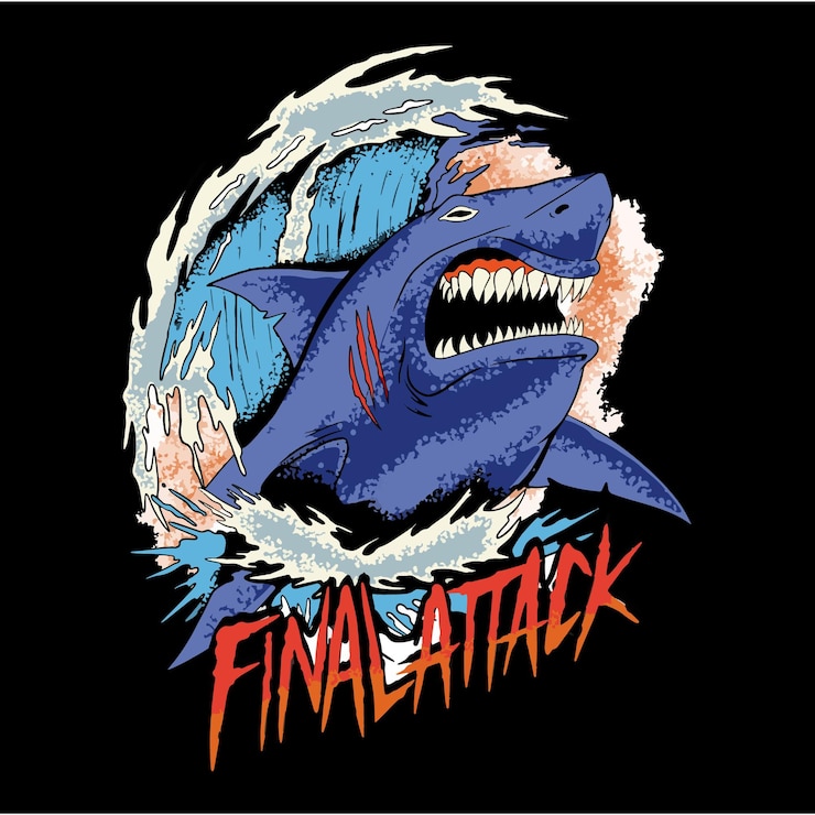 una imagen de dibujos animados de un tiburón azul con la palabra ataque