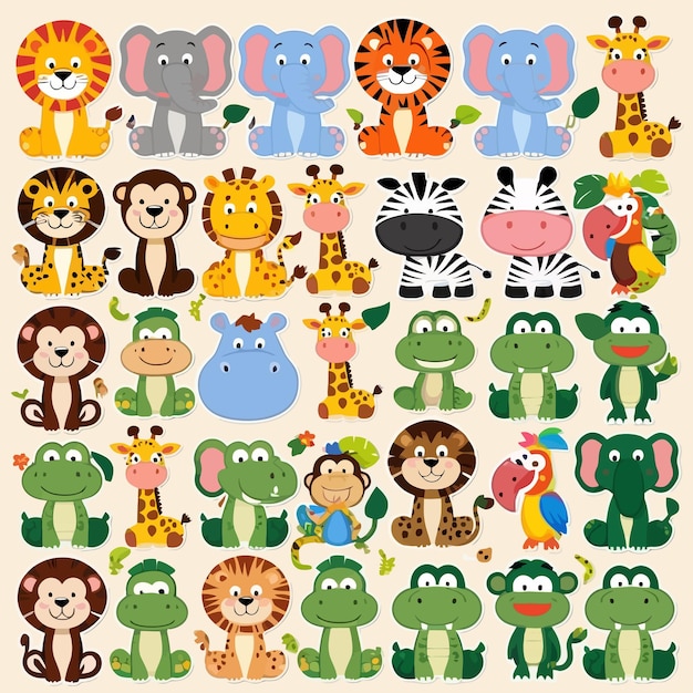 una imagen de dibujos animados de una variedad de animales diferentes, incluido un tigre, un tigre y un león