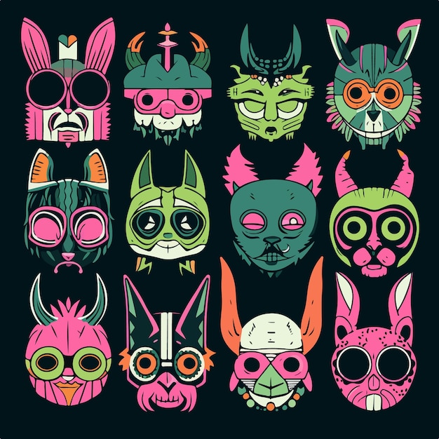 Una imagen de diferentes caras de dibujos animados con máscaras coloridas.
