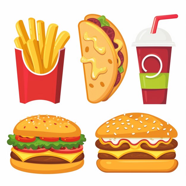 una imagen de diferentes tipos de alimentos, incluidas papas fritas y una bebida