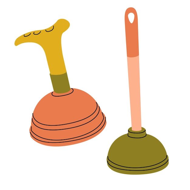 Imagen de dos émbolos de diferentes formas Medios para eliminar bloqueos en la fontanería Alivio de las necesidades naturales del cuerpo Tema del inodoro Ilustración vectorial Fondo transparente