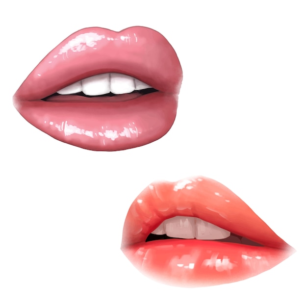 Vector imagen e ilustración pintadas de labios brillantes y húmedos realistas