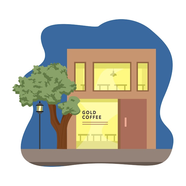 una imagen de un edificio de una casa de café con un árbol