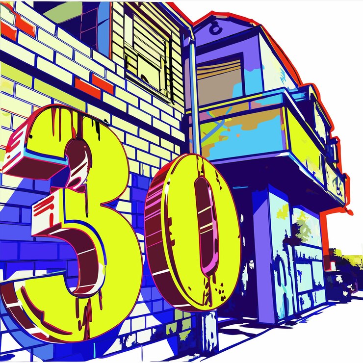 Vector una imagen de un edificio con un número amarillo 30 en él