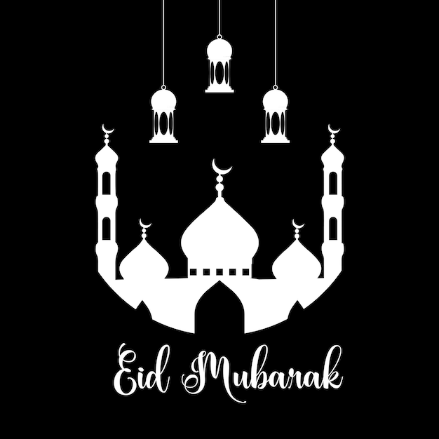 Imagen de eid mubarak con diseño de mezquita blanca en diseño vectorial de fondo negro