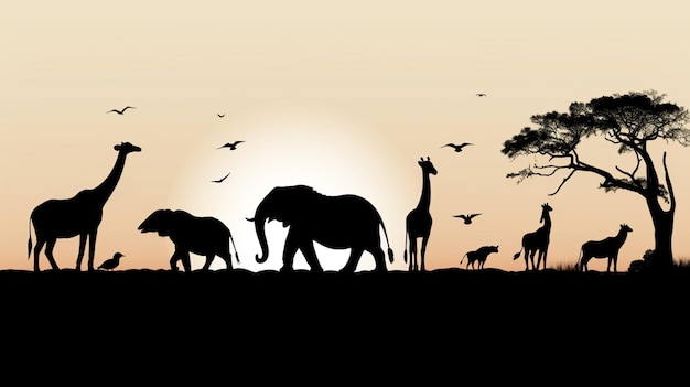 Vector una imagen de elefantes y jirafas con una puesta de sol en el fondo