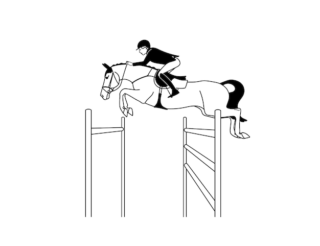 Vector imagen elegante en blanco y negro de un atleta en un espectáculo de deportes ecuestres a caballo saltando