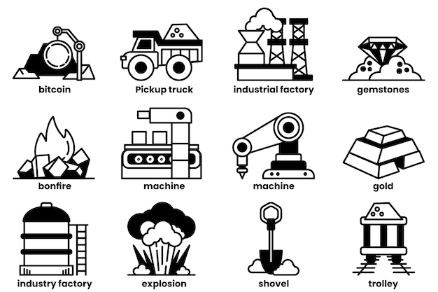 La imagen es una colección de iconos industriales incluyendo un camión una máquina