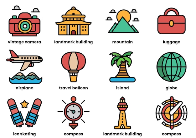 La imagen es una colección de iconos que representan varios puntos de referencia y edificios