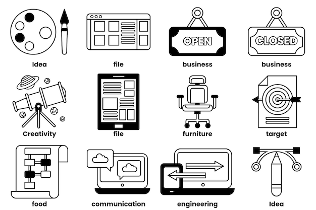 La imagen es una colección de varios iconos y símbolos relacionados con la tecnología