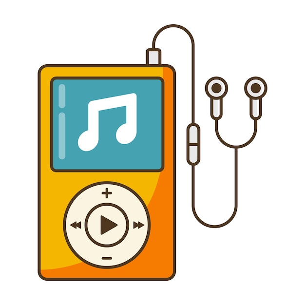 Esta imagen es una ilustración digital de estilo retro de un reproductor MP3 clásico que se asemeja a los dispositivos de música portátiles de principios de la década de 2000 El dispositivo es naranja y amarillo con una pequeña pantalla que muestra un icono de nota musical