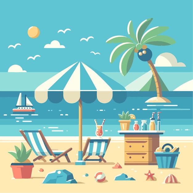 una imagen de una escena de la playa con una palmera y una silla de playa
