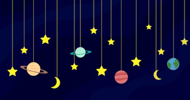 La imagen del espacio vectorial protagoniza los planetas y la luna cuelgan de una guirnalda de cuerdas nocturnas