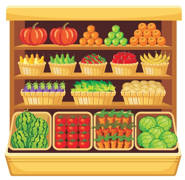 Vector imagen de estantes en un supermercado con frutas y verduras.