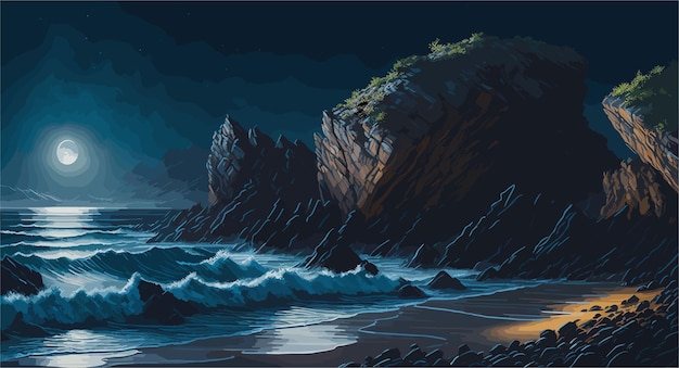 Vector imagen en estilo pintura al óleo de un escarpado acantilado de la playa por la noche con el reflejo brillante de la luz de la luna