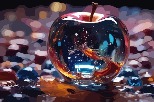 Imagen de estilo vectorial de pintura salpicada de una manzana fotorrealista azul brillante en fondo negro