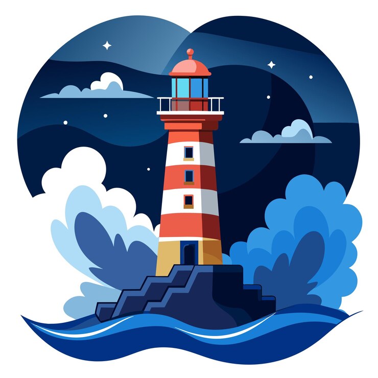 Vector una imagen de un faro con un cielo azul y nubes
