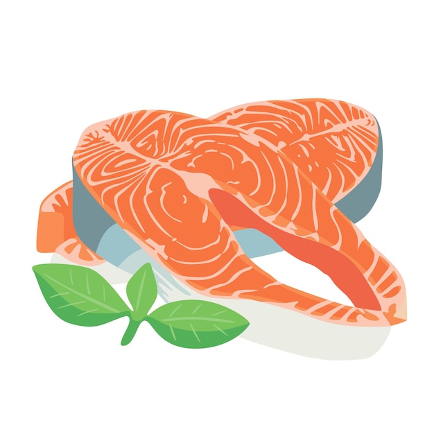 Vector imagen de filete de salmón con verduras trozos frescos de pescado rojo aislados sobre fondo blanco