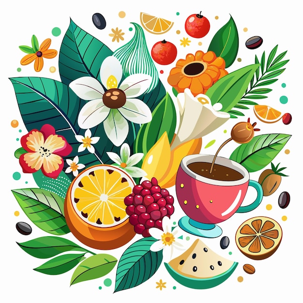 Vector una imagen de flores y frutas con una taza de café