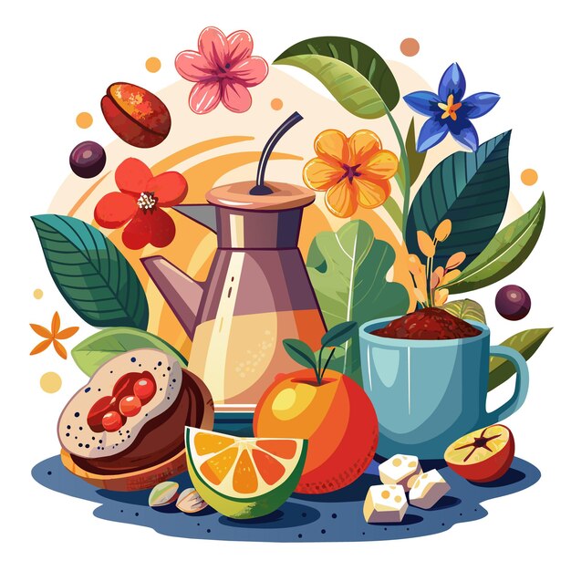 Una imagen de flores y frutas con una taza de café