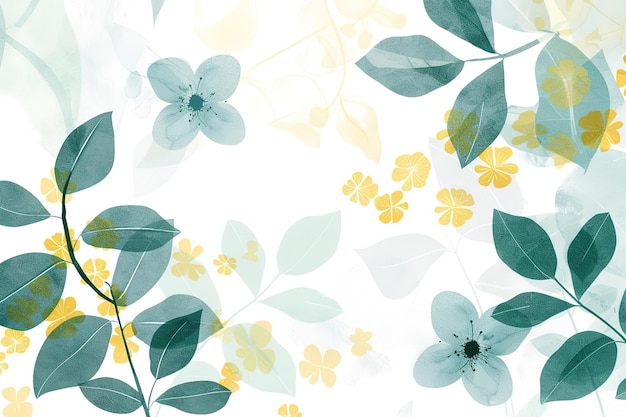 Una imagen de flores y hojas en el estilo de azul azul claro y verde claro amarillo y blanco animado