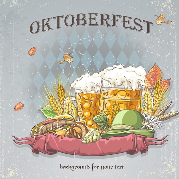 Vector imagen de un fondo de celebración oktoubest las jarras de cerveza, lúpulo, conos y hojas de otoño.