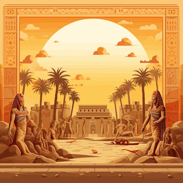 Imagen de fondo de ilustración vectorial de la civilización sumeria con símbolos, estatuas y monumentos.