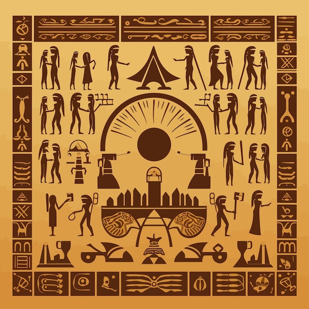Imagen de fondo de ilustración vectorial de la civilización sumeria con símbolos, estatuas y monumentos.