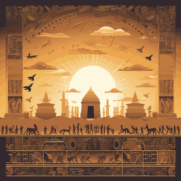 Vector imagen de fondo de ilustración vectorial de la civilización sumeria con símbolos, estatuas y monumentos.