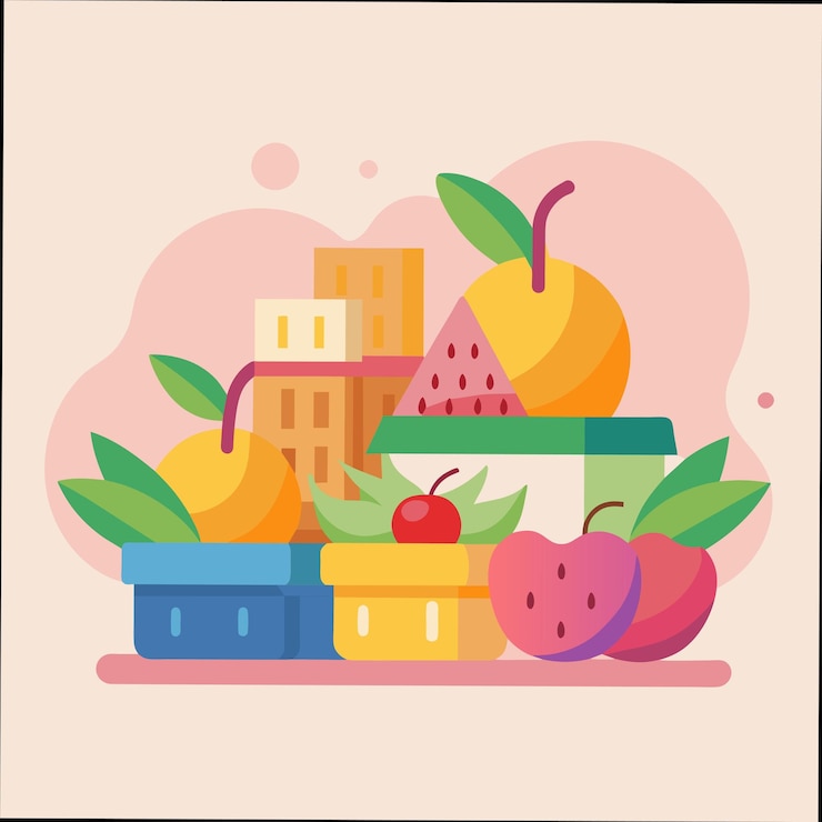 Vector una imagen de fruta y una caja de fruta con un edificio en el fondo