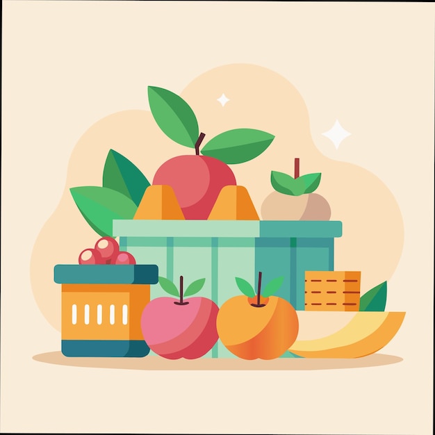 una imagen de frutas y una canasta con una canasta de manzanas y una caja de manzanas