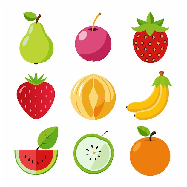 una imagen de frutas, incluidas las fresas, las fresas y los plátanos