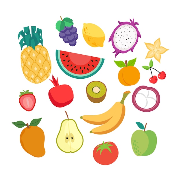 Imagen de frutas tropicales naturales: sandía, manzana, pera, naranja, tomate, cereza, limón, plátano, fresa, piña, uvas, mango, kiwi, fruta del dragón, granada, mangosteen y carambola.