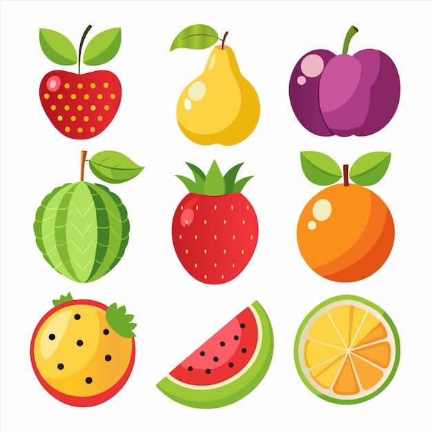 una imagen de frutas y verduras con una imagen de una fresa