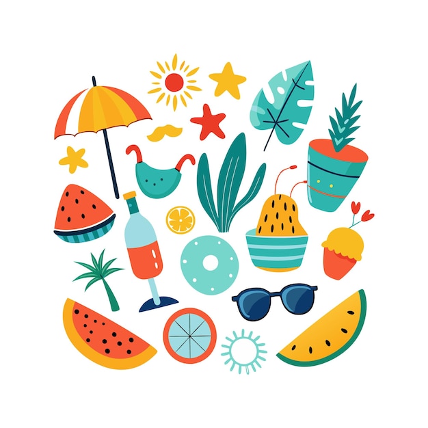 una imagen de frutas y verduras, incluida una imagen de una fruta tropical y un paraguas