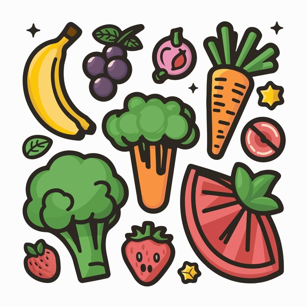una imagen de frutas y verduras, incluidos el brócoli, el plátano y la fresa