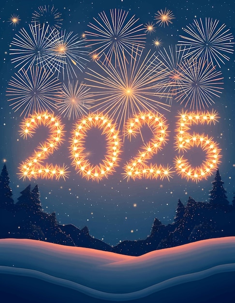 una imagen de fuegos artificiales con árboles y un lugar para el año Feliz Año Nuevo 2025