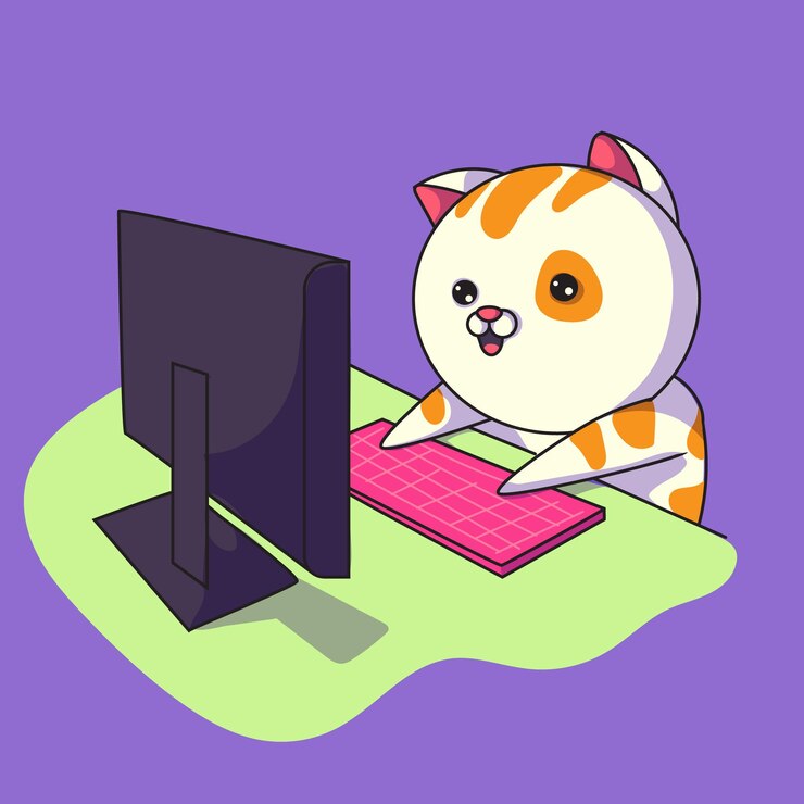 Vector imagen de un gato frente a la pantalla del monitor con ambas manos en el teclado