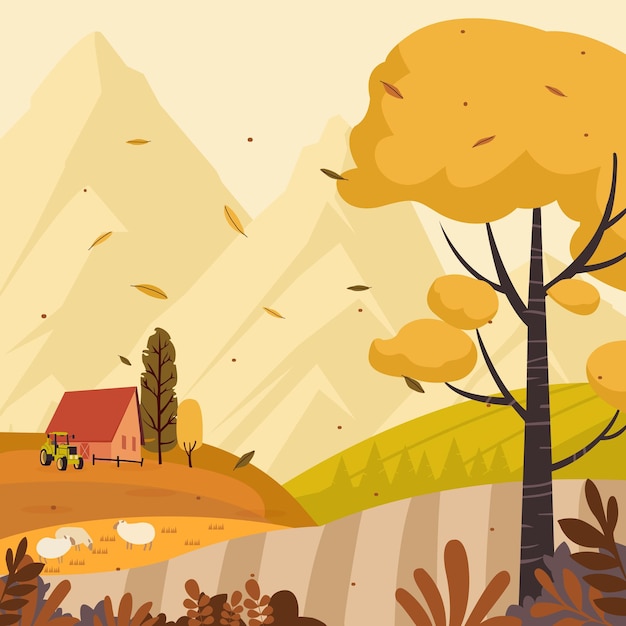 una imagen de una granja con una casa y montañas en el fondo