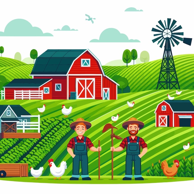 Vector una imagen de una granja con una escena de granja y un granjero y su granja
