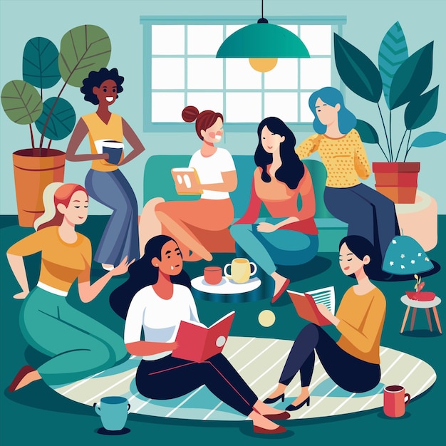 una imagen de un grupo de mujeres leyendo libros en una sala de estar