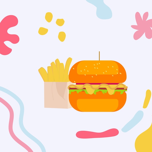 una imagen de una hamburguesa y papas fritas con un fondo rosa