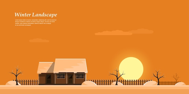 Imagen de la hermosa puesta de sol de invierno colorida, casa de campo privada, ilustración de estilo